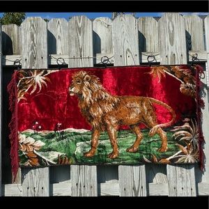 Vintage Rare Lion Velvet Rug Tapestry Wall Hanging